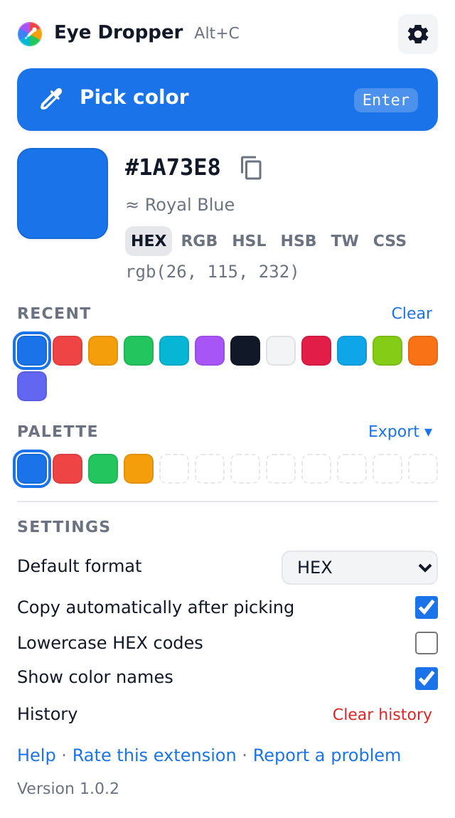 Eye Dropper Color Picker popup showing a picked color, its HEX code, recent colors and a palette